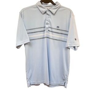 Travis Mathew Mens Polo Shirt Blue Striped Golf with New Haven country club logo